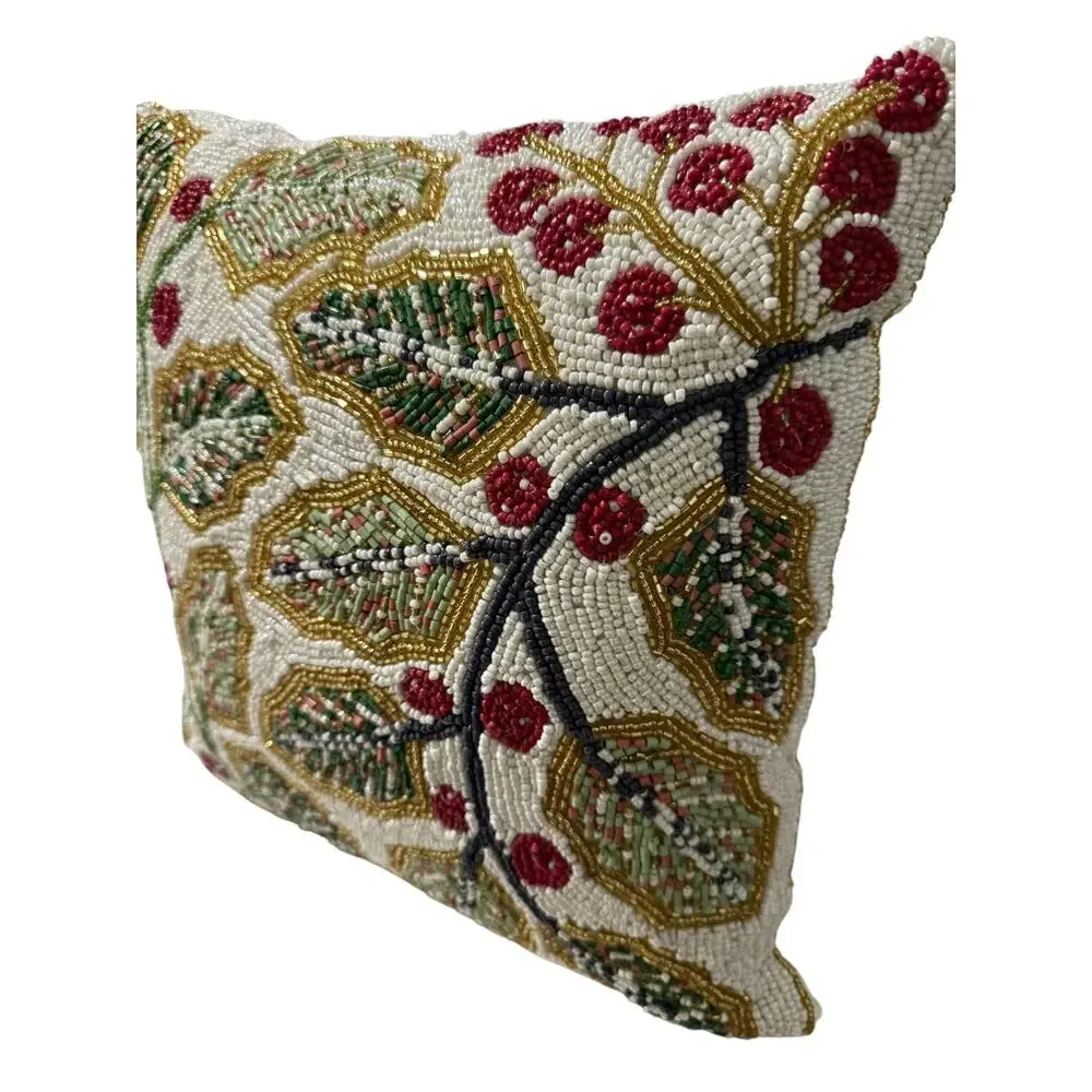 Christmas Throw Pillow Leaves Hand Beaded Gold Accent Holiday Sparkle Rare‎